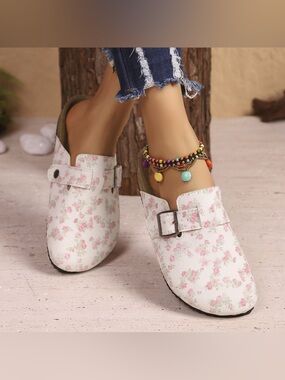 Floral Print Buckle Decor Slip-Ons